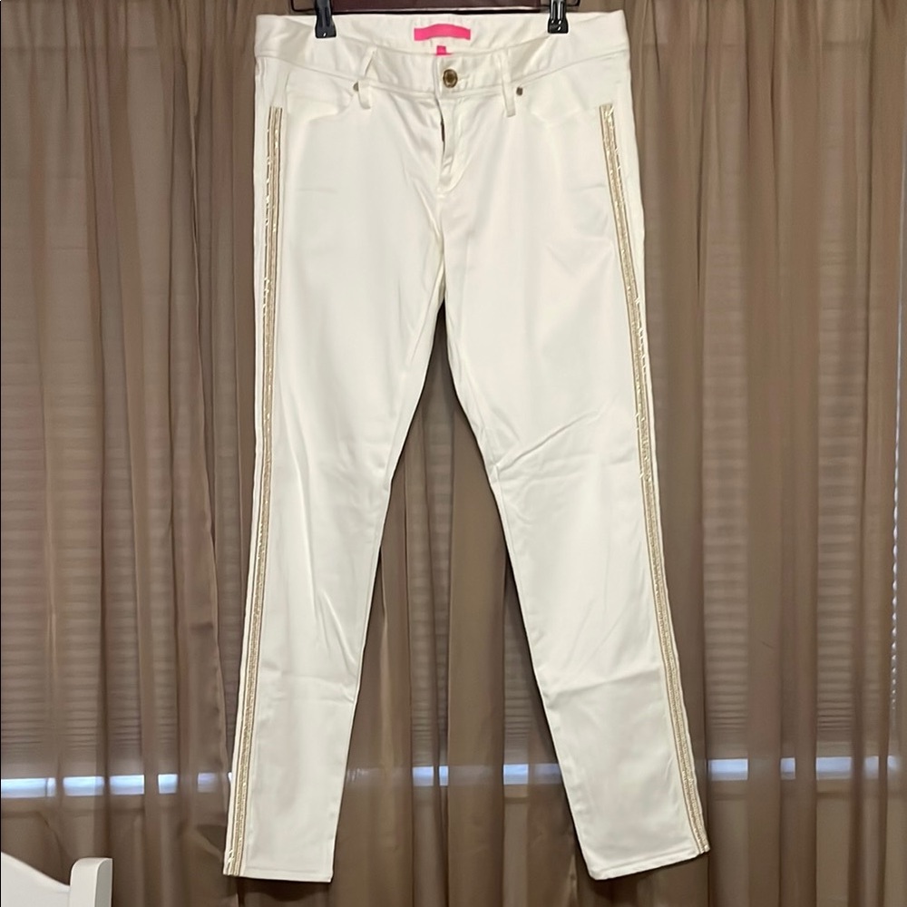 Lilly Pulitzer Worth skinny Coconut White Pants with Gold Accents